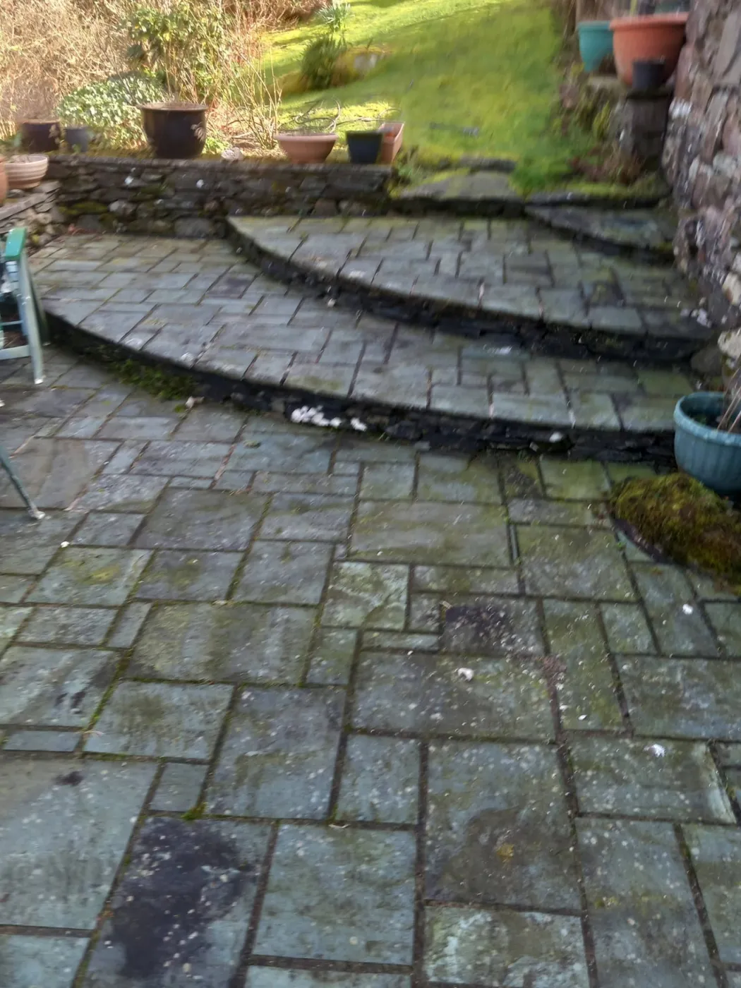 Slate patio and steps — before and after cleaning — before